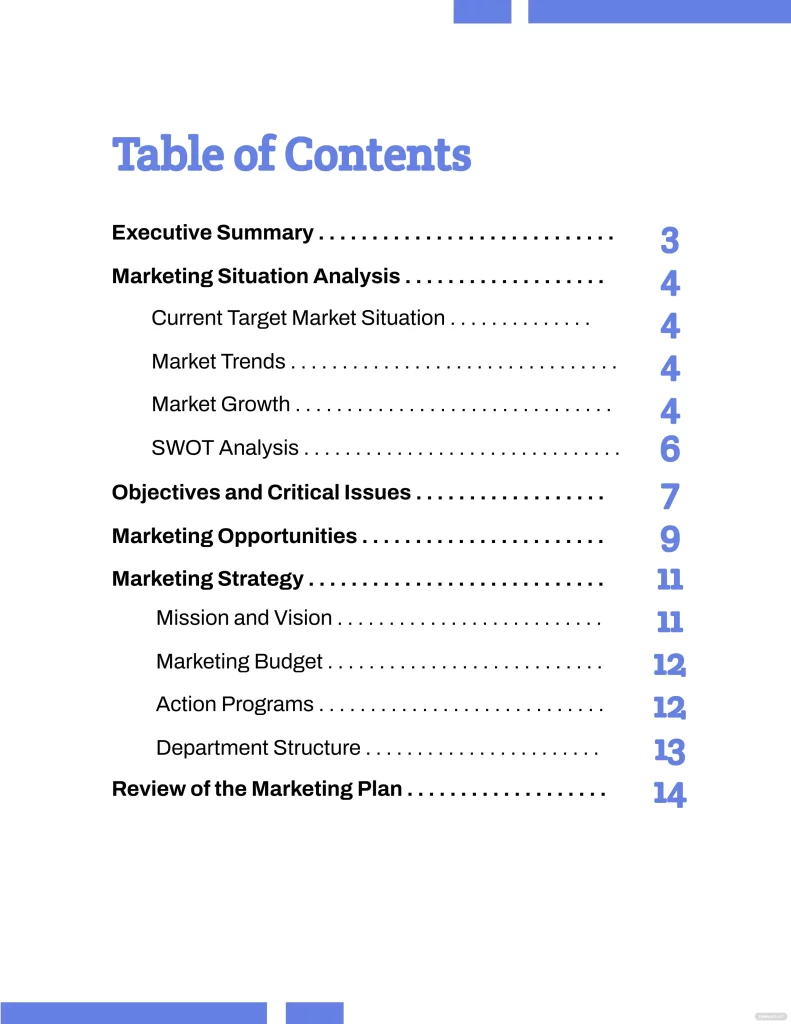 Business plan table of contents
